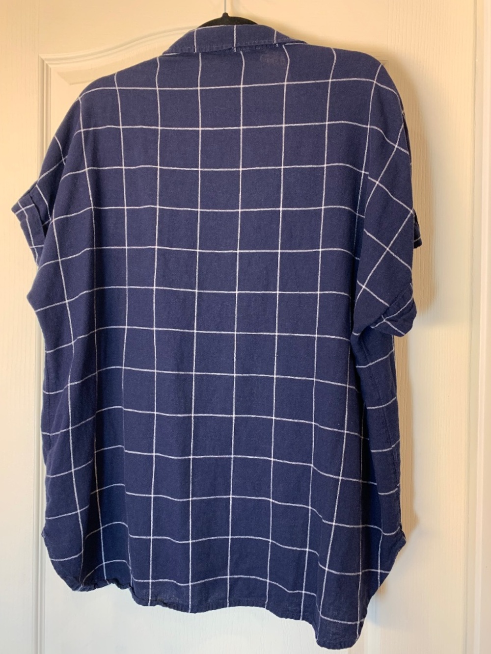 Tahari Navy Windowpane Linen Blend Blouse 1X Relaxed‎ Coastal Chic Top - Picture 3 of 8